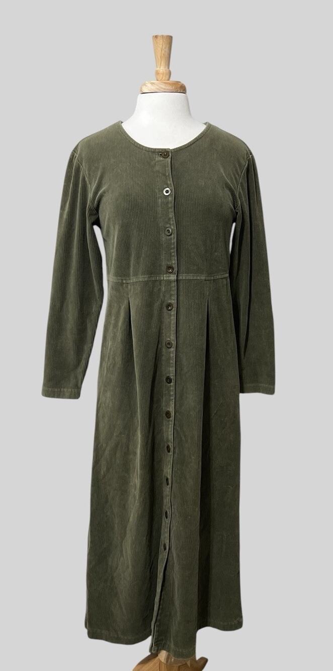 Lands End Maxi Dress Sage Green Corduroy Pintuck Cottage Modest Prairie sz 6-8